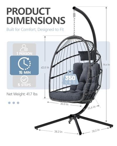 SWITTE Egg Chair Outdoor with Stand, Indoor Wicker Hanging Egg Swing Chair with Cushion, 350lbs Capacity for Patio, Bedroom, Garden - Dark Grey