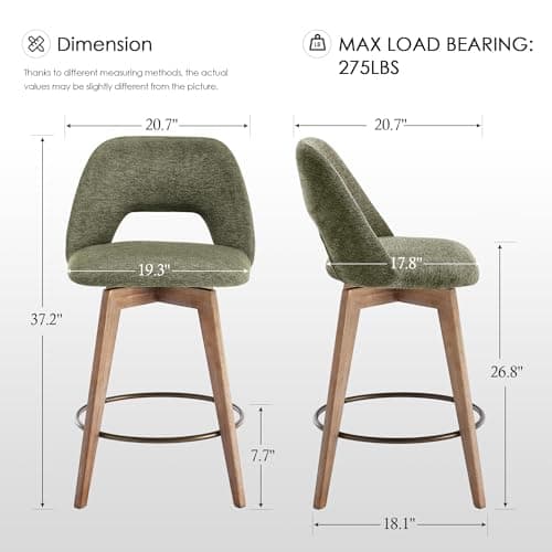 Zesthouse Swivel Farmhouse Bar Stools Set of 4, 26" Modern Counter Stools with Open Back & Natural Wood Legs, Upholstered Linen Fabric Counter Height Barstools, High Chairs for Island Kitchen, Green