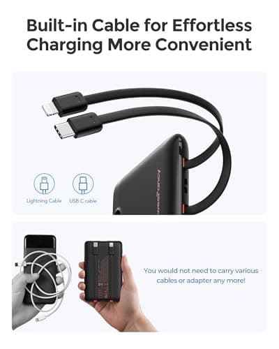 Mini Portable Charger with Built-in Cables 22.5W Fast Charging Power Bank USB-C Small Battery Pack 10000mAh Travel Essential Slim Battery for iPhone 17/16/15/14, Samsung 25/24, and More