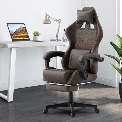 Ferghana Vintage PU Leather Gaming Chair, Ergonomic Gamer Chair with Massage, High Back Computer Office Chair with Footrest for Adults, Racing Style Reclining Video Game Chair (Brown)