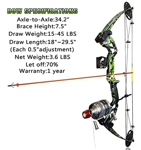 Bowfishing Bow Kit with Arrow Ready to Shoot Right Handed 15-45 LBS Draw Length 18"-29.5" Adjustable,Axle-to-Axle: 34.2",Complete Compound Bow Fishing Kit 2024 New