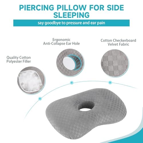 Ear Piercing Pillow with an Ear Hole, Cotton and Polyester Side Sleeping Pillow for CNH and Ear Pain Ear Inflammation Pressure Sores for Side Sleepers, Ear Guard Pillow (Light Grey)