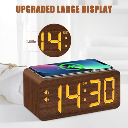 URAYCO Wood Digital Alarm Clock with 10W Fast Wireless Charger, USB Charging Ports, DST, Dimmable, Snooze, Large Number LED Display for Bedrooms, Desk, Living Room Table, Bedside, Nightstand (Brown)