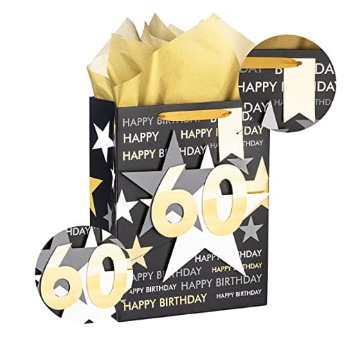 Loveinside Birthday Gift Bag with Tissue Paper and Greeting Card for 60 Birthday - 10" x 5" x 13", 1 Pcs, Black Gold
