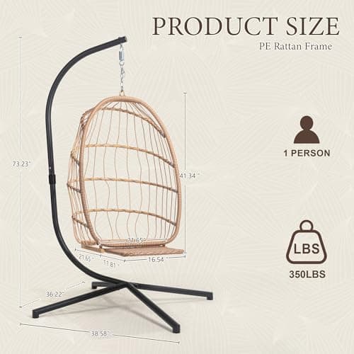 Yechen Hanging Egg Chair with Stand and Footrest for Indoor Outdoor, Foldable Wicker Rattan Patio Egg Swing Chairs Hammock Egg Chair with UV Resistant Cushion for Bedroom Porch, 350 Lbs Capacity