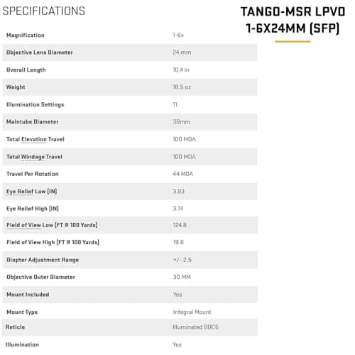 SIG SAUER Tango-MSR LPVO 1-6x24mm Waterproof Fogproof Rugged Tactical Hunting Rifle Scope | Second Focal Plane/SFP/F2 | Includes Alpha-MSR Aluminum Mount, Flip-Back Lens Covers