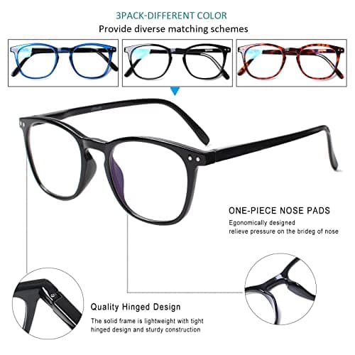 Henotin 3-Pack Blue Light Blocking Reading Glasses,Spring Hinge Computer Readers for Men Women,Anti UV Ray Filter Eyeglasses (3 Mixed Color, 2.75)