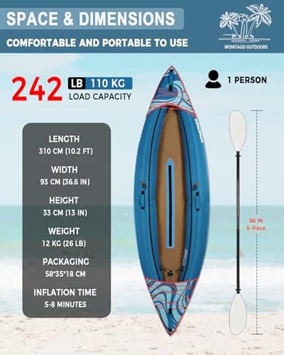 Inflatable Kayak, Portable Ripstop Oxford Cloth Recreational Touring Kayak with Fiberglass Kayak Paddle, Hand Pump and Carrying Bag, 1/2 Person