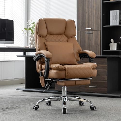 Kneading Massage Office Chair with Heated,90-135° Reclining Executive Office Chair with Footrest,Computer Desk Chair with Wheels,Diamond-Stitched Cushion Leather Office Chair,Brown