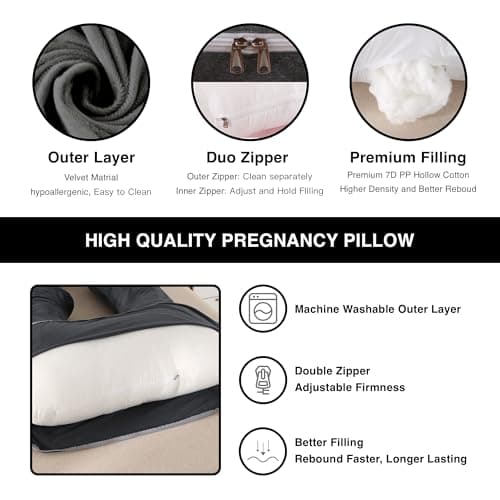 Pregnancy Pillow, Full Body 57 Inch Maternity Pillow with Removable Washable Cover - Sleep Support for Legs, Back, Neck, Shoulder, HIPS, Belly for Pregnent Women, Black Grey Velvet Cover