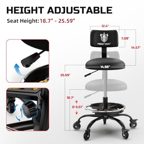 Rolling Shop Stool with Wheels, Garage Mechanic Stool Chair with Backrest, Height Adjustable Heavy Duty Swivel Task Chair, Adjustable Footrest with Storage Tray for Garage Kitchen Salon Tattoo (Black)