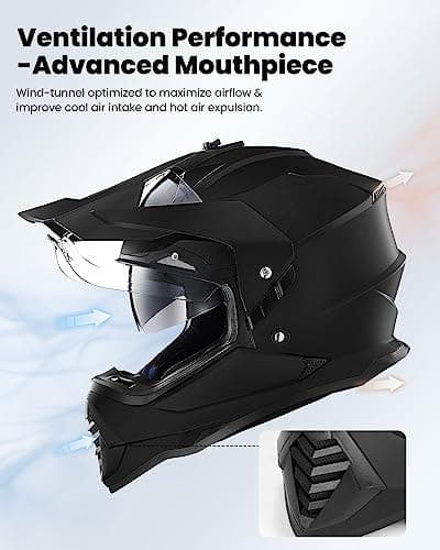 ILM Dual Sport Adventure Motorcycle Helmet with Pinlock Compatible Sun Visor Snowmobile ATV Dirt Bike Off Road Casco Model WS902 (Matte Black, L)