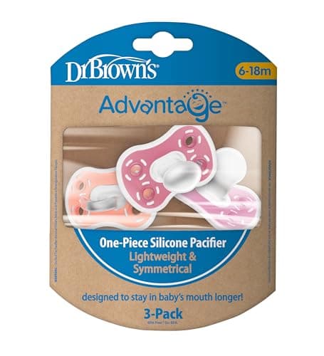 Dr. Brown's Advantage One-Piece Silicone Baby Pacifier, Fully Symmetrical Soother, Coral/Light Pink/Pink, 6-18m, BPA Free, 3 Pack