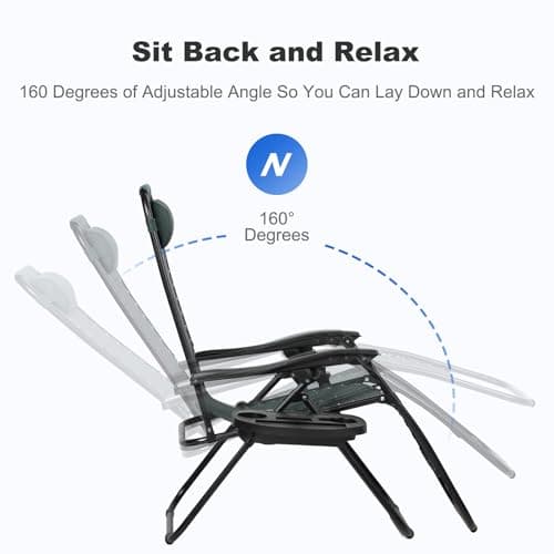 Nazhura Set of 2 Relaxing Recliners Patio Chairs Adjustable Steel Mesh Zero Gravity Lounge Chair Beach Chairs with Pillow and Cup Holder (Dark Green)