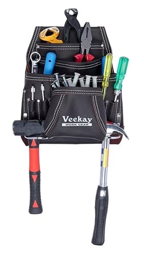VEEKAY 10 Pockets Men Resin Finish/Oil Tanned Leather Tool Pouch White and Brown Bags Fastener Carpenter's Nail, Tool Heavy Duty Steel Hammer Loop, Belt Loop for Electrician Technician Installers