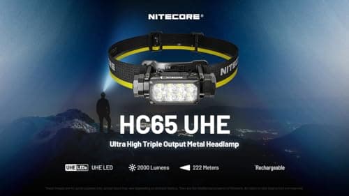 Nitecore HC65 UHE Headlamp, 2000 Lumen Max Heavy Duty Metal, USB-C Rechargeable with White, Red, and Reading Lights for Camping, Hiking, Hunting, and Industrial Works (Black)