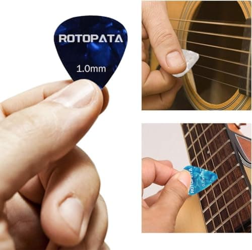 ROTOPATA Guitar Picks with Organizer Storage Box, 0.5 0.75 1.0 mm Thin Medium Heavy Plectrums, Colorful Celluloid Guitar Accessories for Bass Electric Acoustic Guitars Ukulele, 15 Pack