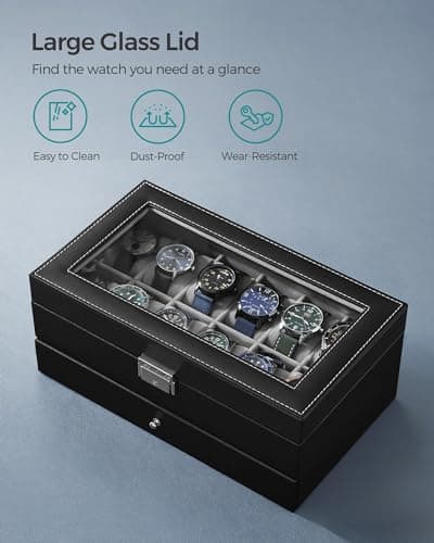 SONGMICS SONGMICS Watch Box, 12-Slot Watch Case Organizer with Large Glass Lid, 2 Layers, Removable Pillows, Metal Lock, Gift for Loved Ones, Black Synthetic Leather, Gray Lining UJWB012