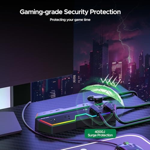4000J Surge Protector Power Strip with USB Ports, 6 Outlet Power Strip with RGB Lights and PD 20W Fast Charging, Wide-Spaced Outlet Perfect for e-Sports, Game PC, Home and Offices