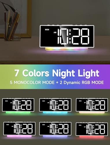 Cadmos Loud Alarm Clocks for Heavy Sleepers,Adults,Kids,Teens,Large Digital Display,7 Color Night Light,Adjustable Volume,Battery Backup,Small Bedside Clocks for Bedrooms (White+Dynamic)