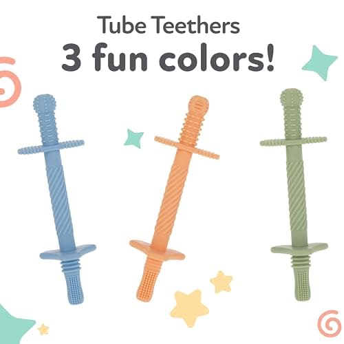 Nuby Sensory Silicone Tube Teethers - (3 Pack) Textured Infant and Baby Teether Toys - 3+ Months - Orange, Blue, and Green