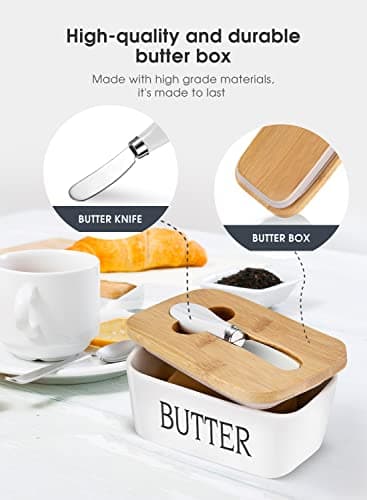 Butter Dish with Lid, Home Decor, Large Butter Dish for Countertop Ceramic Butter Keeper Container with Knife and High-Quality Silicone Sealing Butter Dish Good Kitchen Gift White