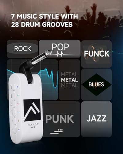 FLAMMA Guitar Headphone Amp Portable with 28 Drum Grooves 14 Built-in Effects 14 Amplifier Models 5 Tone Colors Support Bluetooth USB Audio Recording and Playback OTG Function Home Practice