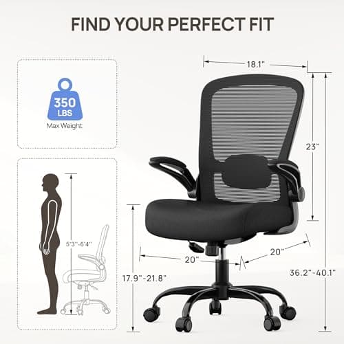 Mimoglad Ergonomic Office Chair - Desk Chair with Flip-up Armrests & 135° Recline, Adjustable Lumbar Support - Space-Saving Task Chair for Business/Team Office & Home (Black, 350lbs)