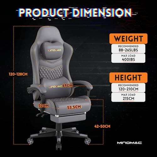 Gaming Chair,Ergonomic Computer Gaming Chair,400lb Load-Bearing,Retractable Footrest/Waist Support/Ergonomic Backrest[Spring + 4D Sponge] (Grey)