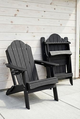 LUE BONA Folding Adirondack Chair, Chairs Set of 4, Cup Holder, Woodgrain, Fire Pit, Patio, Pool, Black