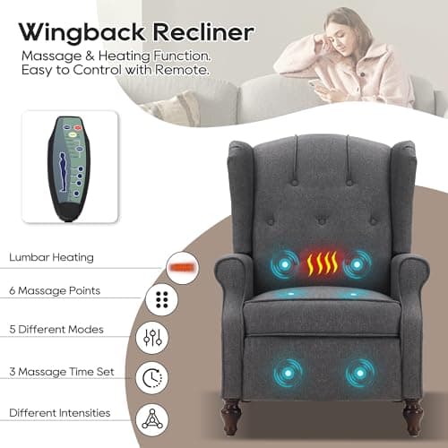 Wingback Recliner Chair with Massage and Heat, Wingback Recliner Tufted Fabric Push Back Recliner Chair for Living Room, Vintage Wingback Chair with Remote Control, Padded Cushion, Wooden Legs