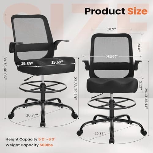 Drafting Chair for Standing Desks, 500LBS Capacity Tall Office Chair with Adjustable Height, Foot Ring, Flip-Up Armrests, Thick Curved Seat for Home Office, Drawing, and Creative Work