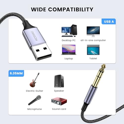 MOSWAG 3.3FT USB to 6.35 Audio Cable, USB to 1/4“ Guitar Cable with Recording Function for Guitar, Bass, Amplifier, Speakers (NOT for Xbox/RockSmith)
