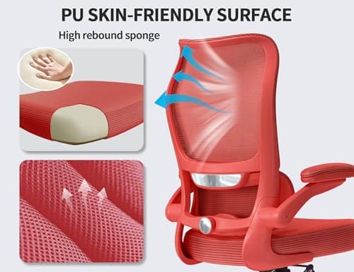 TRALT Ergonomic Office Chair - Desk Chair with Wave High Back Adjustable Lumbar Support Computer Chair - Gaming Chairs Mesh Backrest and PU Leather Seat (RED)