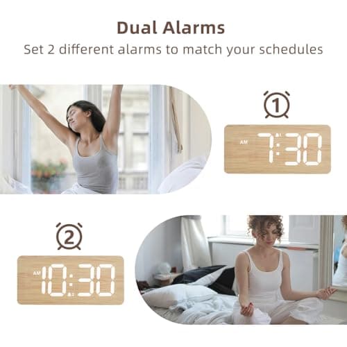 uscce Wooden Digital Alarm Clocks for Bedrooms: Dimmable Dual Alarm Clock with Large Numbers for Bedside Desk - Loud Alarm for Heavy Sleepers with Volume Control - Wood Decor & Gifts