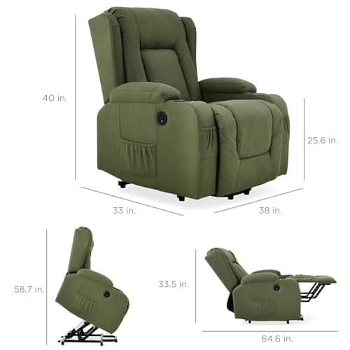 Best Choice Products PU Leather Electric Power Lift Chair, Recliner Massage Chair, Adjustable Furniture for Back, Legs w/ 3 Positions, USB Port, Heat, Cupholders, Easy-to-Reach Side Button - Olive