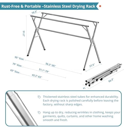JAUREE 95 Inches Clothes Drying Rack, Drying Rack Clothing Folding Indoor Outdoor, Heavy Duty Stainless Steel Laundry Rack, Foldable Portable Large Clothes Rack Garment Rack with 20 Windproof Hooks