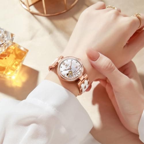 OLEVS Womens Watches Automatic Luxury Dress Ladies Watch Ceramic Strap Rose Gold Self Winding Female Wrist Watch