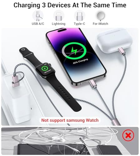 Temdan for Travel Essentials,3 in 2 USB C Cable for Apple Watch Charger/iPhone 17 Charger/Lightning,Multi Charging Cable Cord,Vacation Camping Essentials,Portable Designed for iWatch &iPhone 16-12-4FT