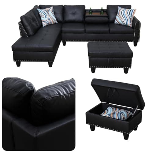 Topcomfy 97.5" L Shaped Couch Set, Modular Sectional Couches for Living Room with Storage Ottoman, 4 Seat Home Sofa Living Room Furniture Sets with Chaise for Apartment Office (Leather, Black)