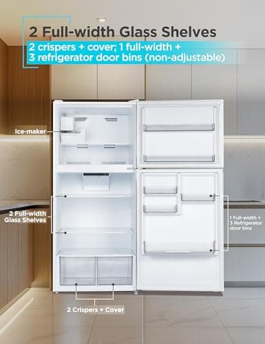 BLACK+DECKER 20.1 Cu. Ft. Top Mount Refrigerator with Ice Maker, 2-Door Refrigerator with Top Freezer, Freezer with Icemaker and Adjustable Temperature Control, BR2010JIMW, White