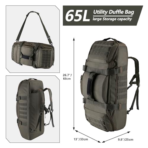 Hannibal Tactical 65L Large Duffle Bag, 3-in-1 Tactical Backpack MOLLE Pack for Sports, Gym, Outdoor, Olive Green