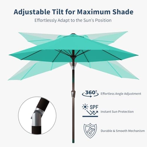 9FT Patio Umbrella with Fiberglass Ribs, Outdoor Market Table Umbrella with Crank and Tilt, UV Resistant Waterproof Canopy for Patio, Garden, Deck, Pool, Turquoise Blue