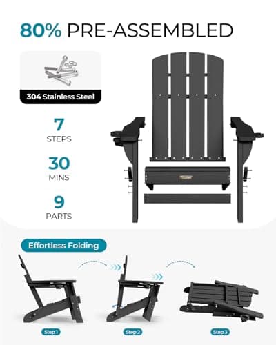 Folding Adirondack Chair, HDPE All-Weather Fire Pit Chairs, Plastic Adirondack Chairs with 2 Cup Holder, Outdoor Lawn Chair for Patio Garden (Black)