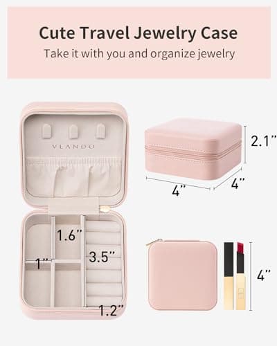Vlando Travel Jewelry Case - Teacher Appreciation Gifts - Small Jewelry Travel Organizer Box Travel Essentials Christmas Gift for Women Girl - Pink