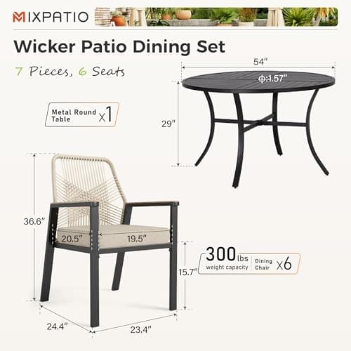 MIXPATIO 7 Pieces Round Outdoor Dining Set for 6, Patio Dining Set Wicker Rattan Chairs with Soft Cushion and 54" Round Table with Umbrella Hole, Round Patio Table and Chairs for Backyard Porch