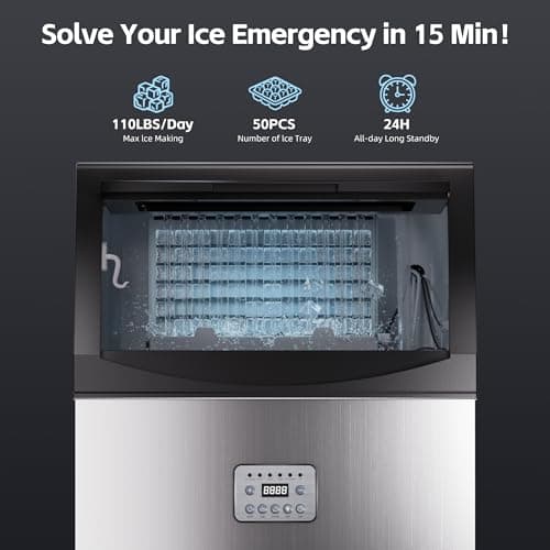 Commercial Ice Maker, 110lbs/24H, 33lbs Large Storage Under Counter Ice Maker for Business, 50 Cubes in 7-14Mins Stainless Steel Ice Machines, Self Cleaning Ice Makers for Cafe Bar Restaurant Home
