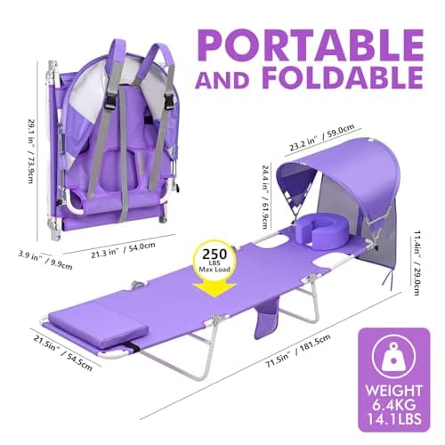 Backpack Beach Tanning Lounge Chair with Canopy Shade Face Hole Padded Adjustable Washable, 6 Position Layout Chair for Outside Sunbathing Poolside Lawn, UPF 50+ Wind-Resistant Sun Shade, Patented