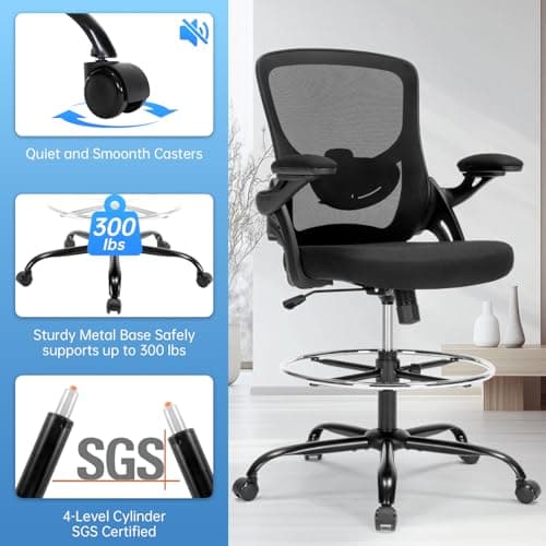 Drafting Chair Ergonomic Comuputer Standing Desk Chair with Flip-Up Arms and Lumbar Support, Tall Office Chair with Adjustable Footrest, Stool Counter Height Office Chairs Black