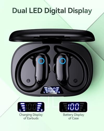 GNMN Active Noise Cancelling Ear Buds Wireless Earbuds 96hrs Playback Bluetooth Headphones Dual Battery Display Stereo Bass Earphones with Earhooks Microphone IPX7 Waterproof for Sports/Workout